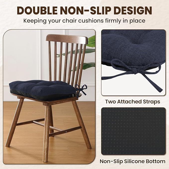 downluxe Indoor Chair Cushions for Dining Chairs, Tufted Overstuffed Textured Foam Kitchen Chair Pads with Ties and Non-Slip Backing, 15.5" x 15.5" x 4", Navy, 4 Pack - Image 4