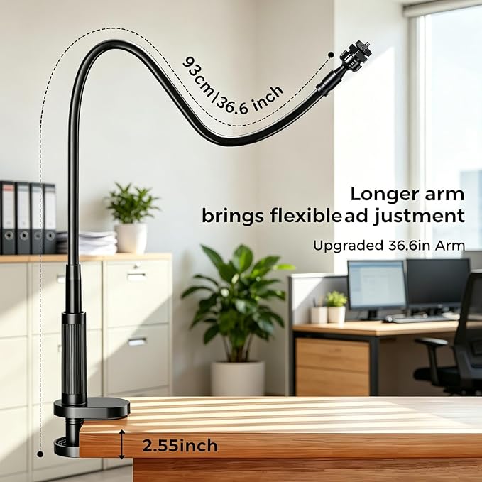 Webcam Stand Camera Desk Mount with Phone Holder for Logitech C922 GoPro | 36" Flexible Webcam Stand, Thick Base & Clamp Mount | Compatible with Logitech C930e/C930/C920/C922x/Brio 4K & GoPro Hero 8-4 - Image 4