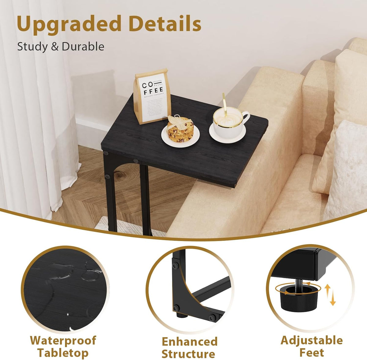 C Shaped End Tables Couch Table TV Trays Set of 2, 7" Wide, Black - Image 4