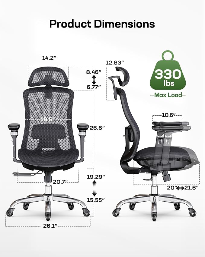 Marsail Big and Tall Mesh Ergonomic Office Chair with 6D Armrests, 2 Pack | 6-level lumbar support, sliding seat depth, high-elastic mesh seat, 3D headrest, 4-position recline, adjustable seat height - Image 3