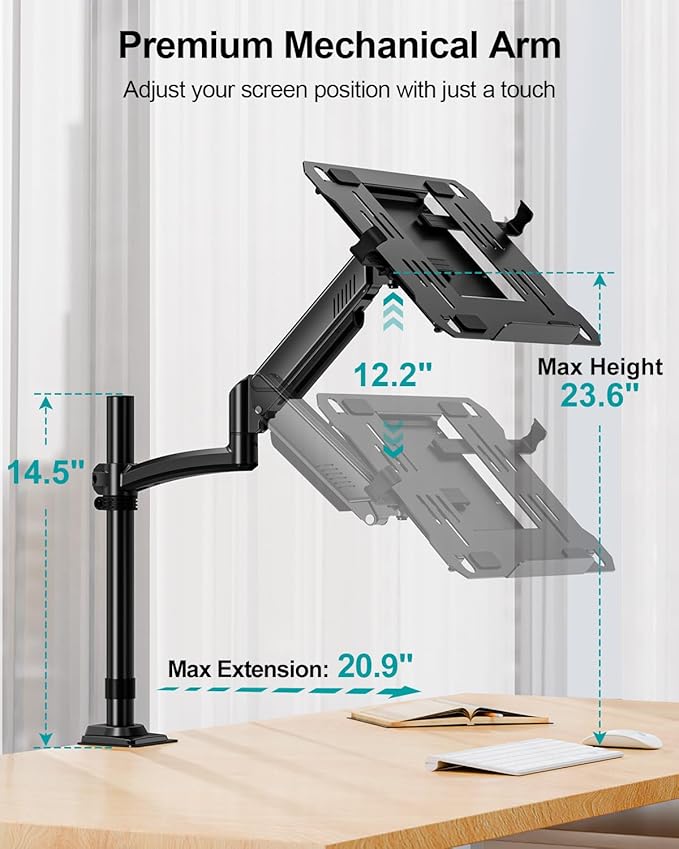 MOUNT PRO Laptop Arm Desk Mount, Single Monitor Stand with VESA Laptop Tray, Adjustable Lap Top Holder for Max 22lbs 17" Notebook & 32" Computer Screen, Swivel Notebook Bracket, Clamp on/Grommet Base - Image 6