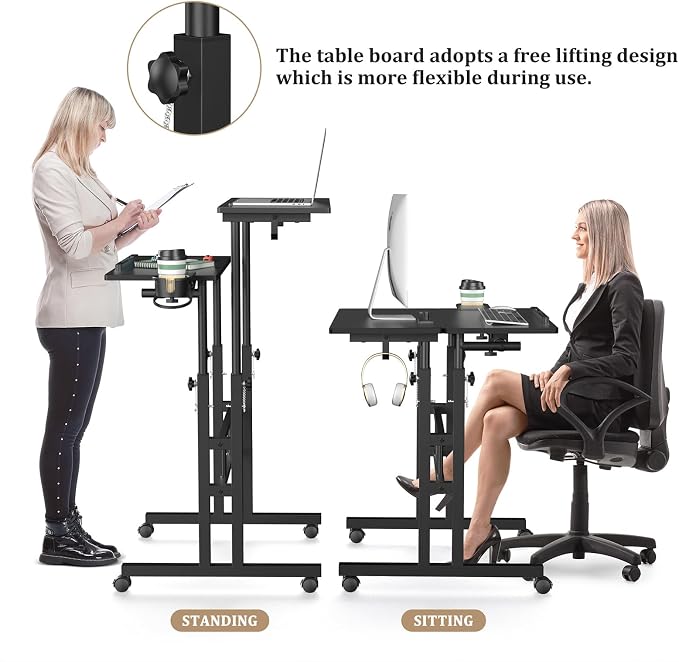 Enayplon Small Standing Desk with Wheels, Mobile Stand Up Desk, Portable Standing Table on Wheels for Walking Pad, Rolling Computer Desk Adjustable Height, Tall Table - Image 6