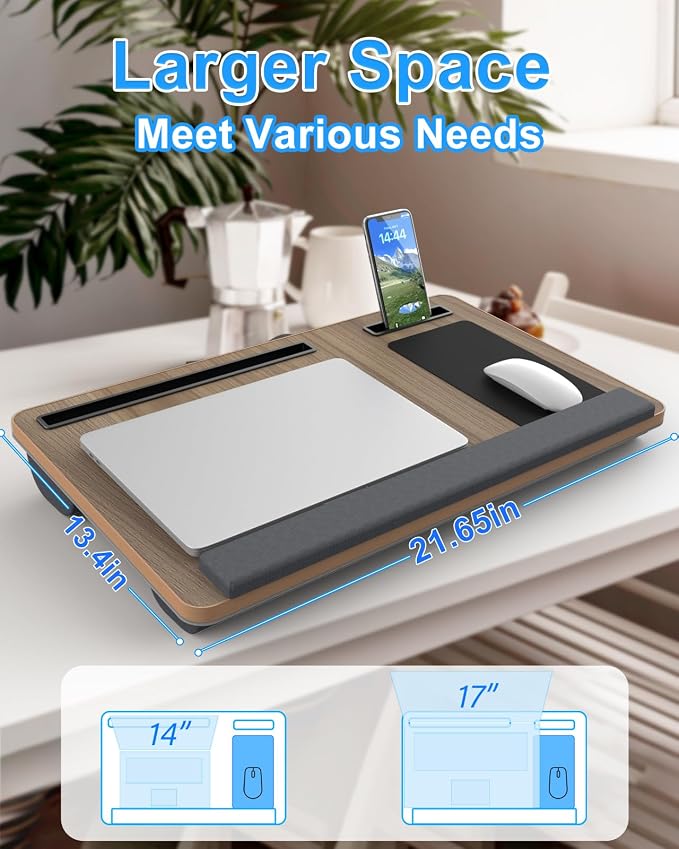 Laptop Lap Desk, Portable Large Laptop Desk for Bed, Up to 17 in Lap Table with Wrist Rest, Mouse Pad, Tablet Phone Slot, Portable Handle, Cushion (Dark Brown Woodgrain) - Image 2