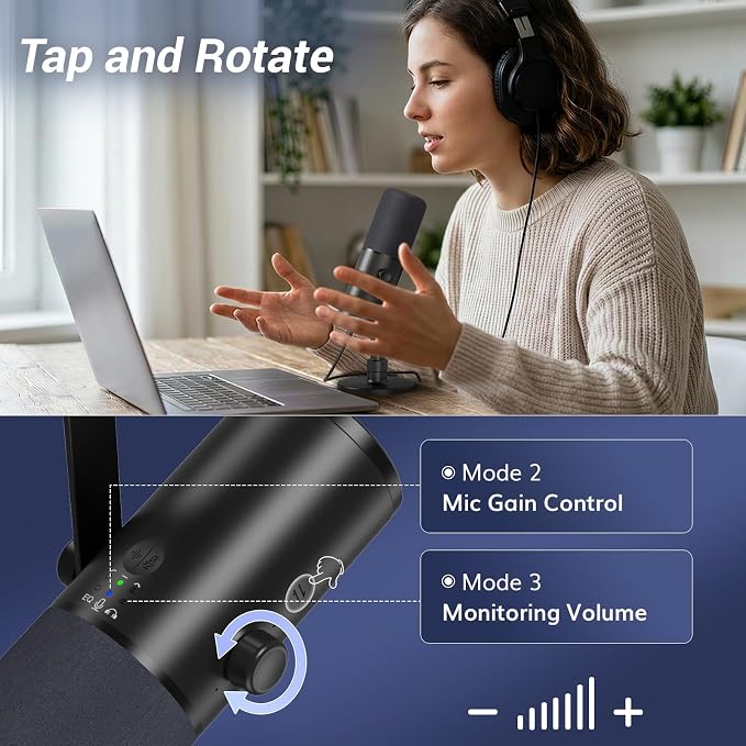 TONOR Dynamic Podcast Microphone for Studio, Cardioid XLR/USB Mic, AI Noise Cancellation, Tap Mute, 3.5mm Headphone Jack for Monitoring, Volume Control, Microfono with Desktop Stand, Black, TD510 AIR - Image 4