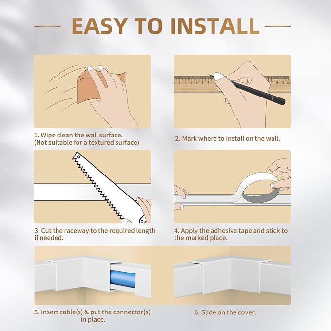 Delamu Cord Hider, 315in Total Cord Covers for Wires on Wall, Paintable Cable Cover for Wall Mounted TV, Easy Install Cable Raceways to Hide 1-2 Cords, 20 Pack, Each 15.7"L x 0.59"W x 0.40"H, White - Image 9