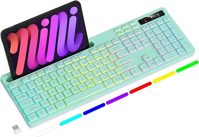 Wireless Keyboard with 7-Color RGB Backlit, Soueto Full-Size Computer Keyboard with Phone Tablet Holder, 2.4G Rechargeable Gaming Keyboard with Light Up Keys, Compatible with Mac, Windows (Mint Green) by Soueto
