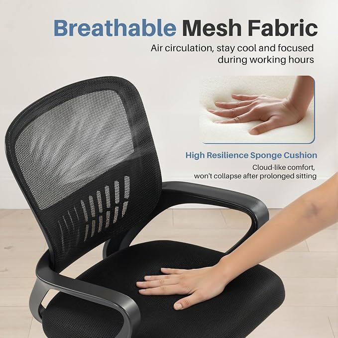DUMOS Home Office Chair, Computer Desk Chair, Lumbar Support | Ergonomic Mid Back Mesh, Height Adjustable Fixed Armrest, Rocking Mode 360 Swivel, Computer Conference, Black - Image 5