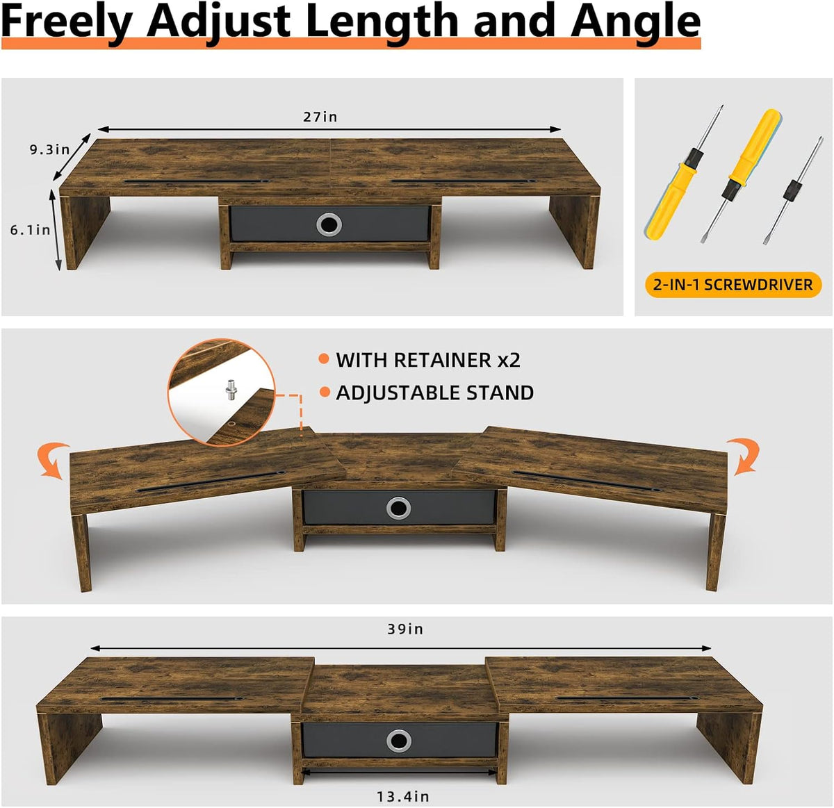 WESTREE Dual Monitor Stand Riser with Drawer, 3 Shelf Computer Monitor Riser with Adjustable Length and Angle, Desktop Monitor Stand Riser Storage Organizer for 2 Monitors - Image 7