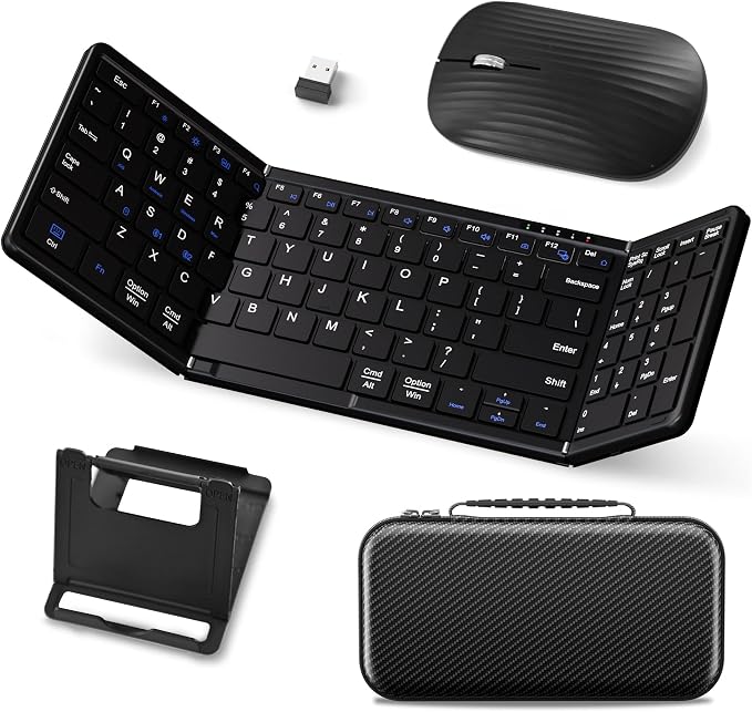 USB-C Rechargeable Folding Wireless Bluetooth Keyboard Combo | Full-Size Portable Travel Keyboard & Mouse for Business Travel, Compatible with Laptop iPad Tablet by JPHTEK