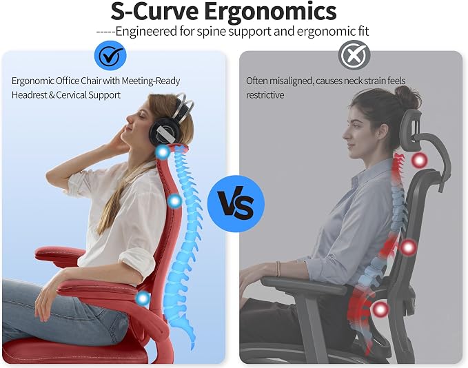 TRALT Office Chair Ergonomic Desk Chair - Gaming Chair with Lumbar Support | 330 LBS Home Office Desk Chairs , Reading Chair with Flip-up Armrests, Comfortable Computer Chairs (1, RED) - Image 3