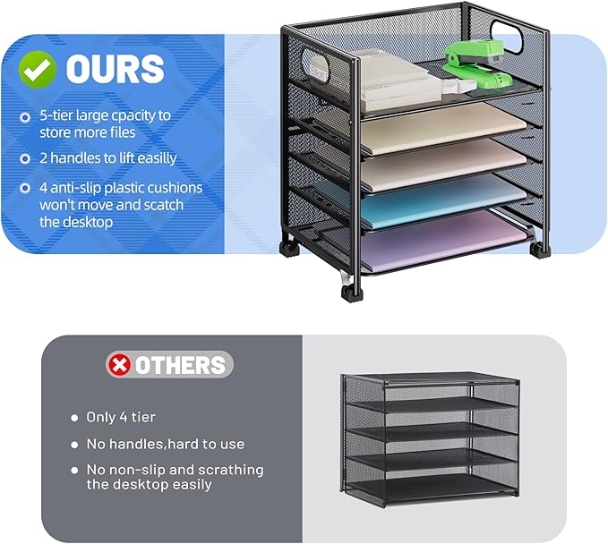 Simple Trending 5-Tier Paper Tray Organizer, File Organizer for Desk, Black | Letter Tray Holder with Handle. Sturdy Metal Frame. Non-slip Feet. Black for Office Home School. 13"L x 9"W x 13"H - Image 5