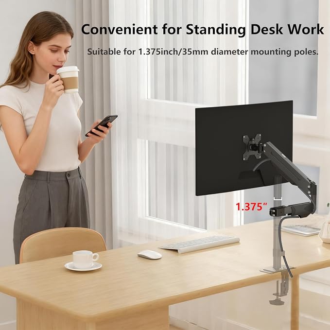 suptek Single Monitor Arm for Desk Mount Stand,Adjustable Monitor Arm for 17 to 32 inch Screen, Support Weight up to 22lbs, Mounting Holes 75x75mm to 100x100mm,Pneumatic Pole Mount Arm Black - Image 5