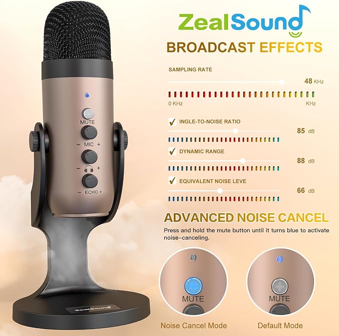 ZealSound Podcast Microphone for PC, Noise Cancellation USB Mic with Gain, Volume Adjustment & Mute Button, Monitoring & Echo, for YouTube, TikTok, Podcasting, Streaming, iPhone, iPad, Android, Mac - Image 3