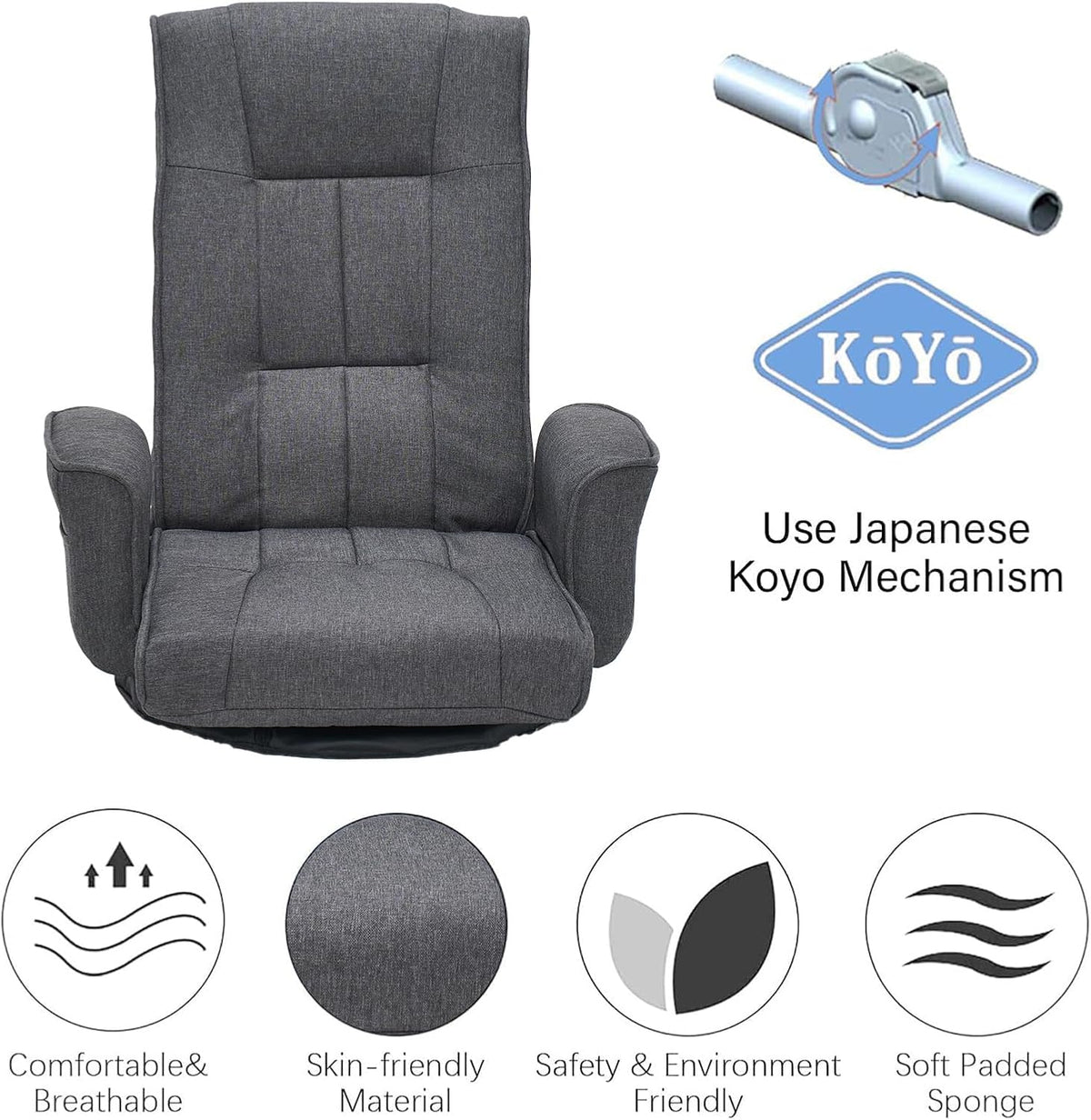 360° Swivel Floor Chair for Adults, 14-Position Adjustable Folding Floor Lounger with Armrests for Reading, Gaming & Relaxing - Image 3