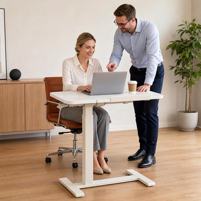 GTPLAYER Pneumatic Adjustable Standing Desk, 28 Inch Tiltable Mobile Rolling Laptop Table with Wheels, Overbed Bedside Table Computer Workstation for Home Office, White - Image 9