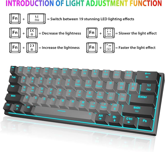 Snpurdiri 60% Wired Mechanical Gaming Keyboard (Black-Grey, Red Switches) | Ice Blue LED Backlit 61 Keys Mini Wired Office Keyboard for Windows Laptop PC Mac - Image 3