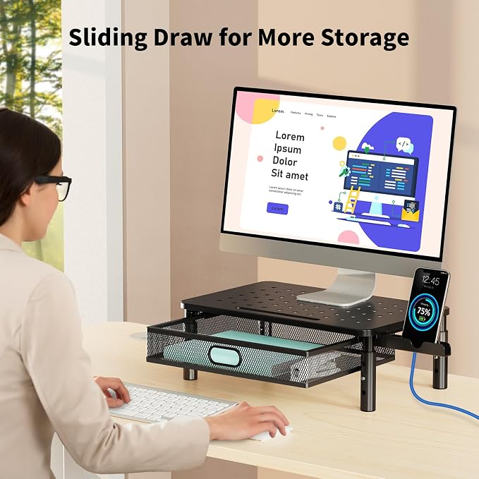 Zimilar Monitor Stand Riser with Metal Mesh Drawer, Height Adjustable | Monitor Riser with Phone Holder for Computer, Laptop, Printer, Notebook, Metal Computer Monitor Stand with Storage - Image 5