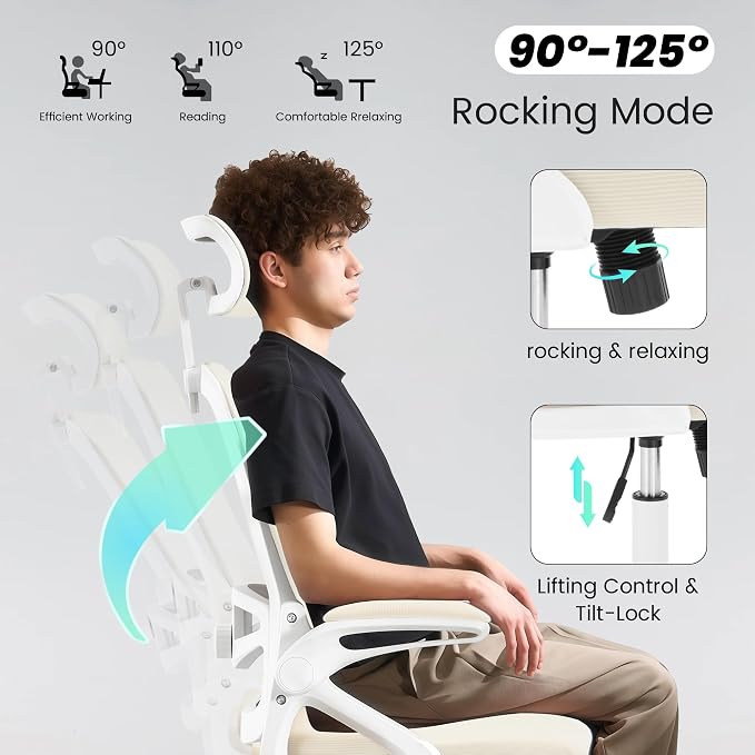 Fizzin Office Chair Mesh Computer Chairs with Adjustable Lumbar Support | Ergonomic Office Chair, Home Office Desk Chairs with Thickened Cushion and Headrest, Comfy Gaming Chair (Buff Beige) - Image 8