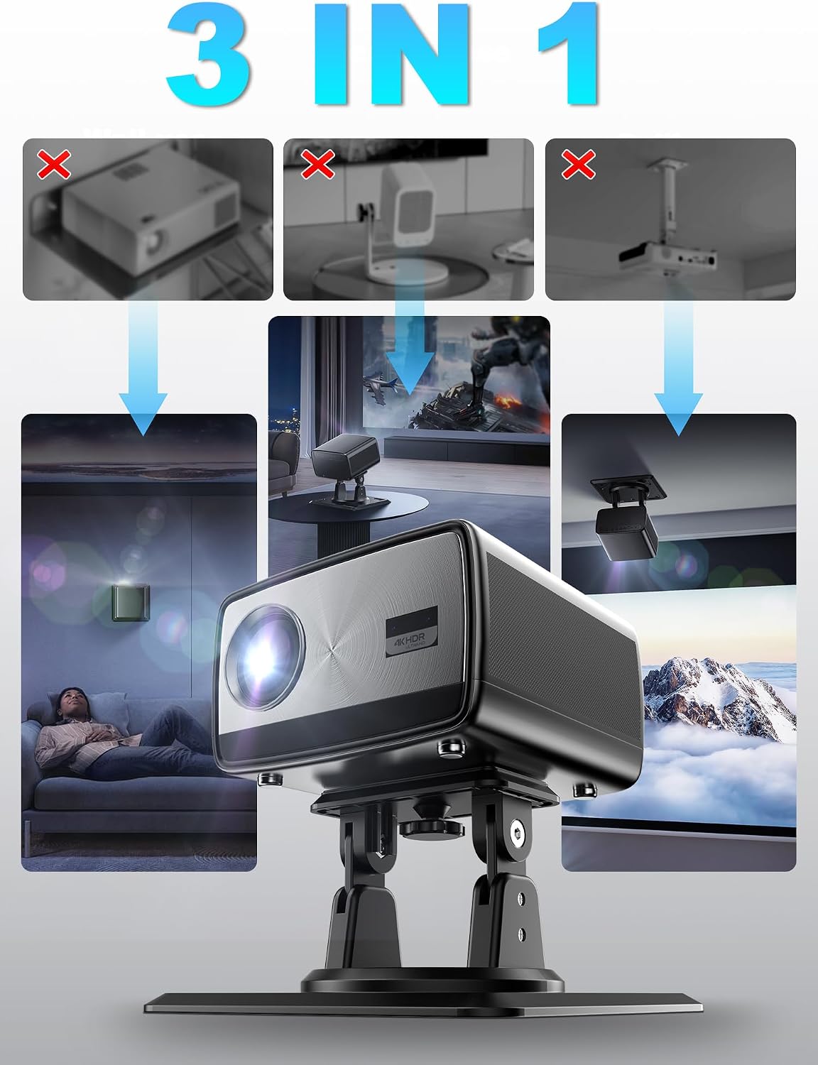 3-in-1 Projector Stand, Ceiling Wall Desktop Mount, 360° Swivel & 180° Tilt, 1/4 Inch Screw, ABS Material, Works with Nebula Capsule 3/Air/Pro, XGIMI Halo+/MoGo and Most Projectors (Black) - Image 5