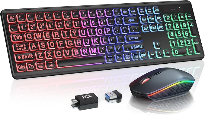 Wireless Keyboard and Mouse Combo with RGB Backlit, Rechargeable | Light Up Letters, Full-Size, Soft Typing, Sleep Mode, 2.4GHz Quiet Keyboard Set for Mac, Windows, Laptop, PC, Trueque KM42Pro by Trueque