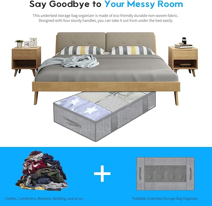Onlyeasy Large Underbed Storage Bags Organizer Container (2 Pack) with 4 Handles and 2 Sturdy Zippers, Blankets Clothes Comforters Foldable Storage Bags with Clear Window, Herringbone Grey, MXRUBBP2 - Image 6