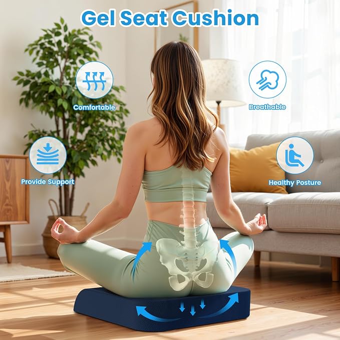 Wheelchair Seat Cushion - Cooling Gel & Memory Foam Office Chair Cushion with Non-Slip Bottom & Washable Cover, Ergonomic Car Seat Pillow for Sciatica, Tailbone, Back Comfort (Navy Blue) - Image 7