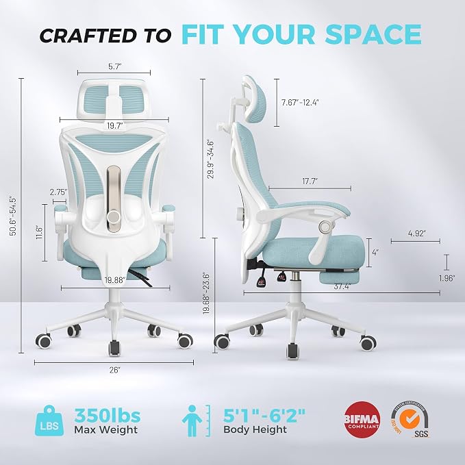 CYKOV Ergonomic Office Chair, Reclining, Footrest, Adjustable Lumbar, 350LB | 4-Way Headrest (4.72" + 60°), 2-Way Lumbar (2" + 1.18"), 90-135° Recline, Breathable Mesh, Gaming & Office, 5-Year Warranty - Image 2