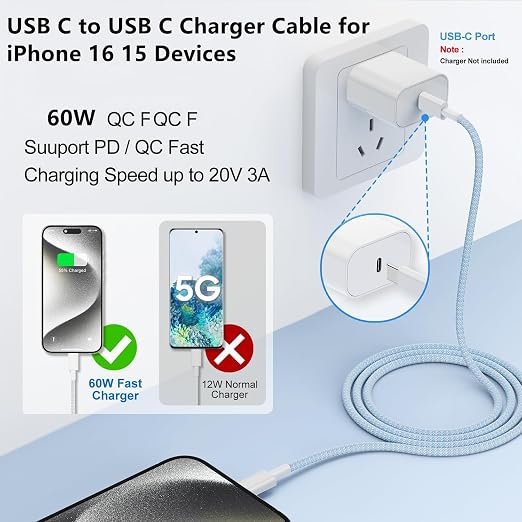 USB C to C Charger Cable 10ft, 60W Type C to C Fast Charging Cable Cord Long for Apple iPhone 17 Pro Max/17 Air/16 Pro Max/16 Pro/15 Plus/15 Pro Max/MacBook 2021/2020/2019,iPad Pro/Mini/Samsung Galaxy - Image 5