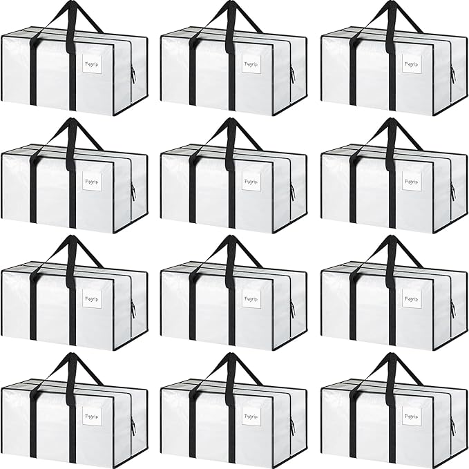 12 Pack Extra Heavy Duty Large Moving Bags with Strong Zipper, White | Comfortable Handles, Sturdy & Durable Clothes Storage Bags Totes Bins, Blue Packing Moving Boxes for College Supplies by Fygrip
