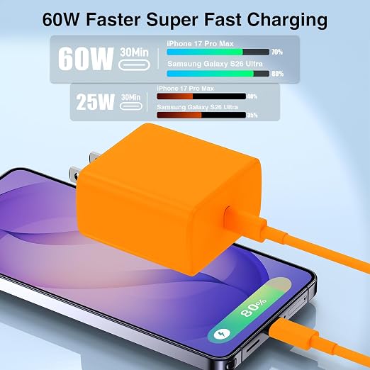 60W USB C Quick Wall Charger Block for Galaxy S26 Android Phones, 3Pack Super Fast Charger Adapter with Bulk 3/6/10FT Long USB C Charging Cable Cords for Samsung Galaxy S26+/S25/S24/S23 Ultra - Image 2
