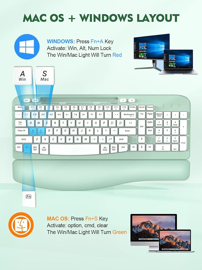 EAYBLLY 2.4G Wireless Ergonomic Keyboard, Full Size Wave Keys with Memory Foam Wrist Rest & 7.28in Phone Holder, USB-C Adapter Included for Windows Mac Chrome OS, Office or Home (Mint Green) - Image 8