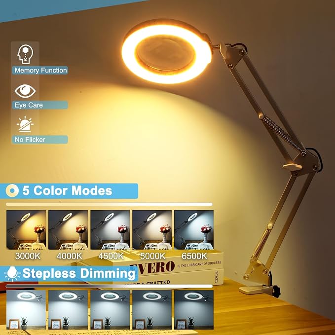Coyeth 10X Magnifying Glass with Light and Clamp, Real Glass Stand Lighted Magnifier, 5 Color Modes Stepless Dimmable LED Desk Lamp Hands Free for Crafts Hobby Reading Painting Close Work - Silver - Image 4