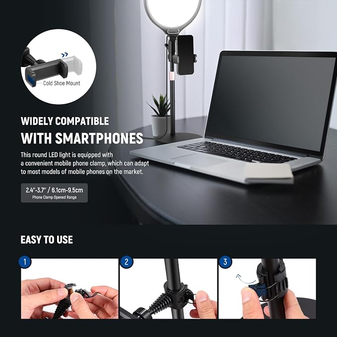 NEEWER Basics 10.5" Desk Ring Light with Stand/Phone Holder/Timer, 3000-6500K Full Screen 15W LED Selfie Panel Lighting for iPhone Recording Streaming Makeup Laptop Webcam Video Conference Zoom, R10 - Image 7