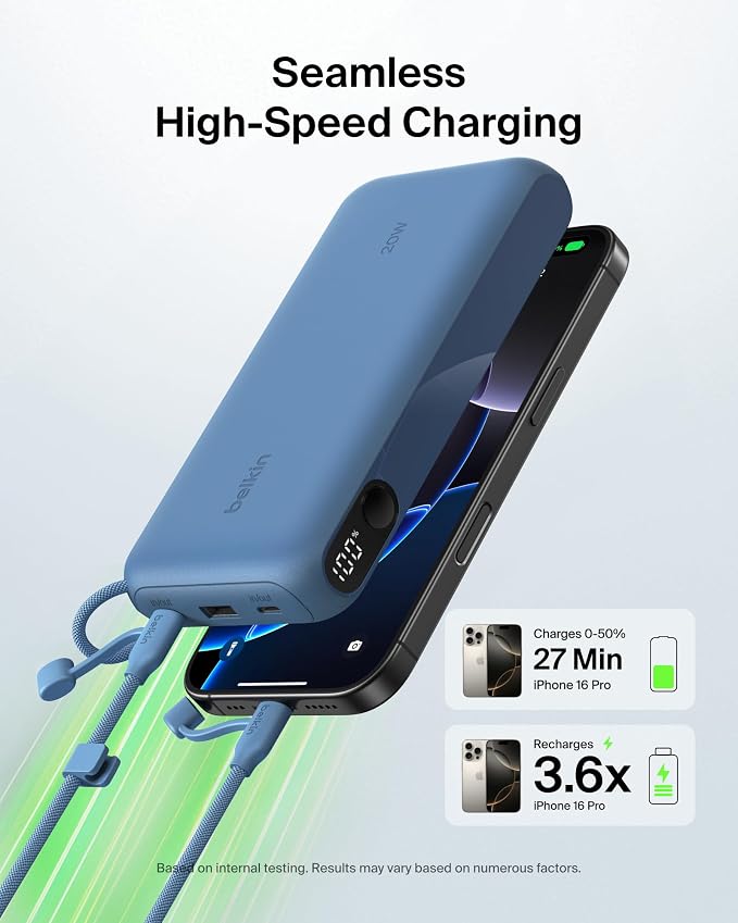 Belkin 20000mAh 20W Power Bank, Digital Display, 2 USB C and USB A Ports | Fast Charging Battery Pack, iPhone 17, Air, Pro, Samsung Galaxy S25, Pixel 10, iPad, Charge Multiple Devices - Image 3