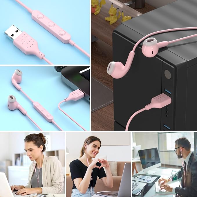 USB Earbuds for PC,Headphones with Microphone for Computer,Pink | Wired USB Headset with Mic Audio Control,Noise Isolating Stereo Laptop Earphones for Dell/HP/Surface PC Office Zoom Working - Image 7