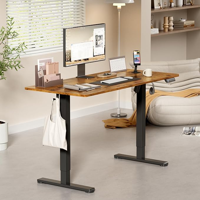 YESHOMY Height Adjustable Electric Standing Desk, 46 x 24 Inches Memory Home Office Sit Stand up Desk with Phone Holder and USB Charging Port, Rustic Brown - Image 2