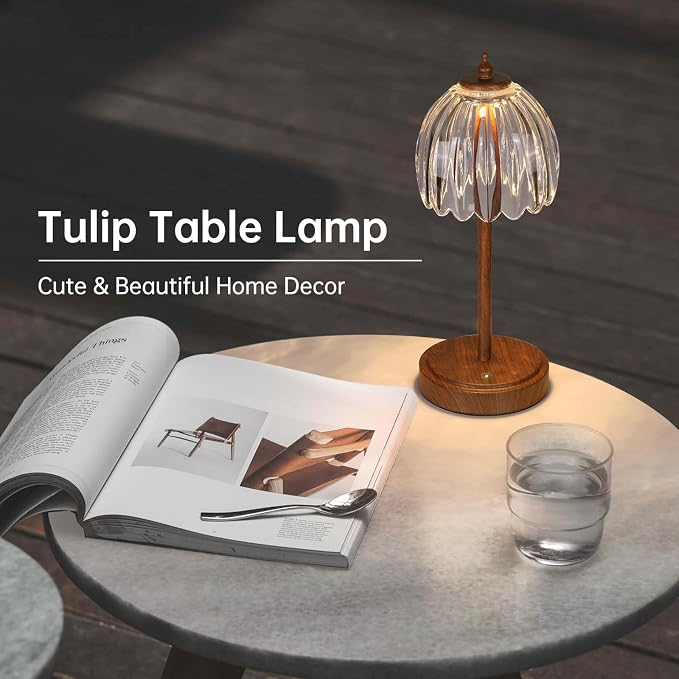 Shenmoyl Tulip Table Lamp with 5200mAh Battery & Touch Control, Small Cordless Table Lamp with 3 Colors, Rechargeable Battery Operated Table Lamps for Bedroom, Desk, Bedside (Transparent-Walnut Color) - Image 8