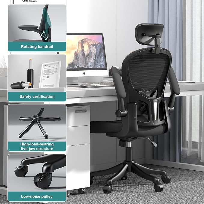 Mesh Office Chair with Adjustable Lumbar Support and Headrest, Ergonomic High Back Task Chair for Home Office, Flip-Up Arms 90-120° Tilt Lock Rolling Swivel Work Chairs(Black6065) - Image 7
