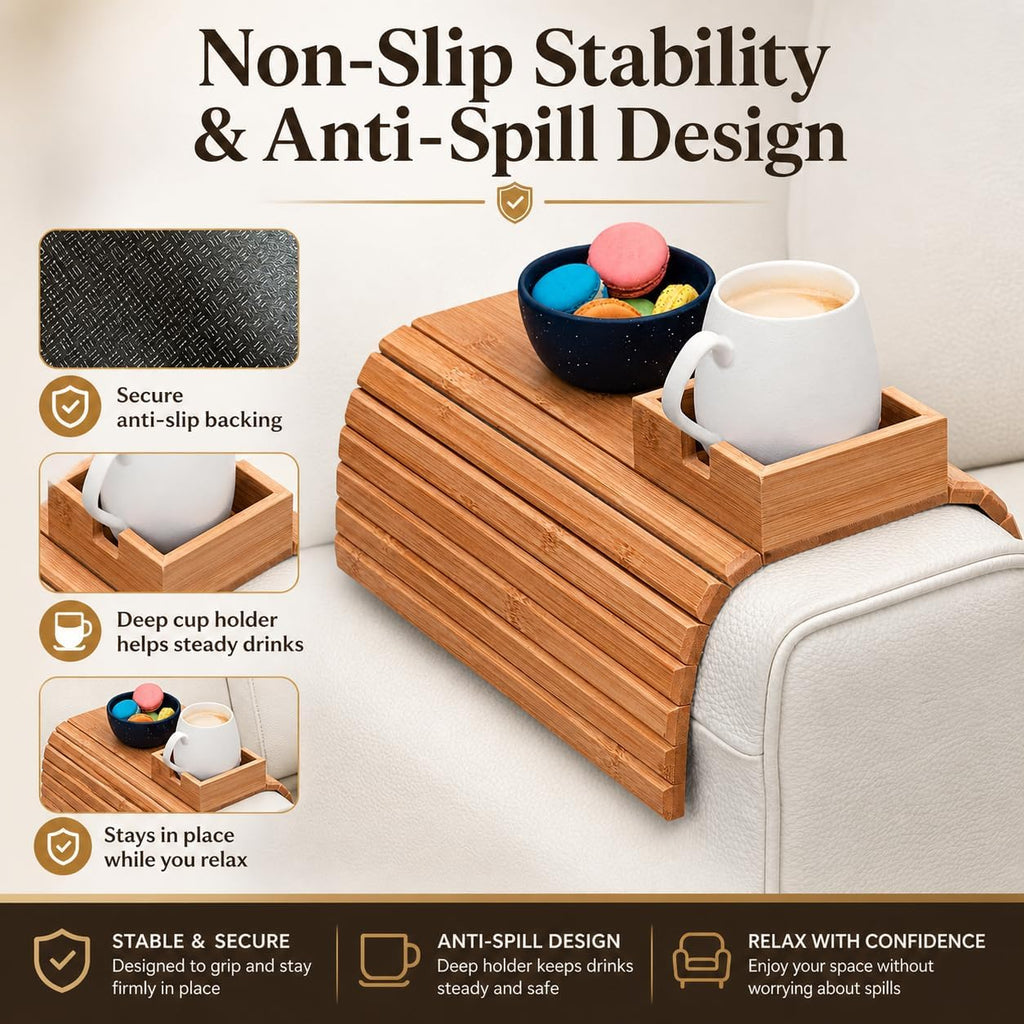 Sofa Arm Tray Table with Cup Holder, Bamboo Couch Armrest Organizer for Remote, Phone, Snacks, Foldable Non-Slip Couch Arm Table Fits Most Sofas, Couches and Recliners - Image 4
