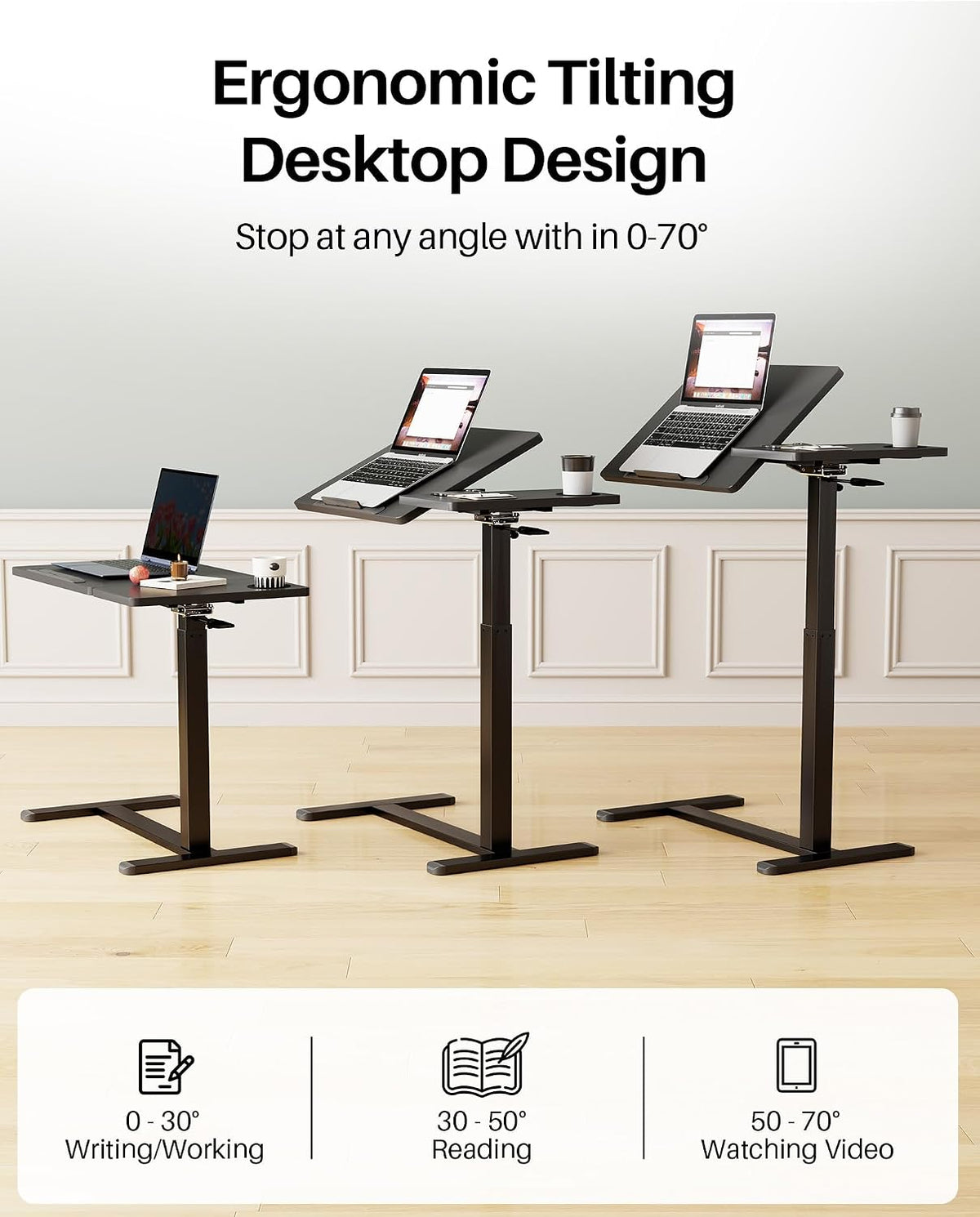Overbed Table with Wheels, Pneumatic Lift, Foldable Top (Black) - Image 4