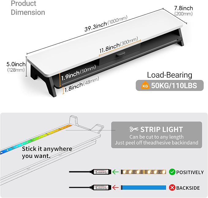 AFOOYO Dual Monitor Stand Riser,LED 2-Tier 39.3 Inch Computer Monitor Stand for 2 Monitors,Office Desktop Organizer with Storage Drawer and Phone Holder for Laptop,PC,Computer,Printer,White - Image 7