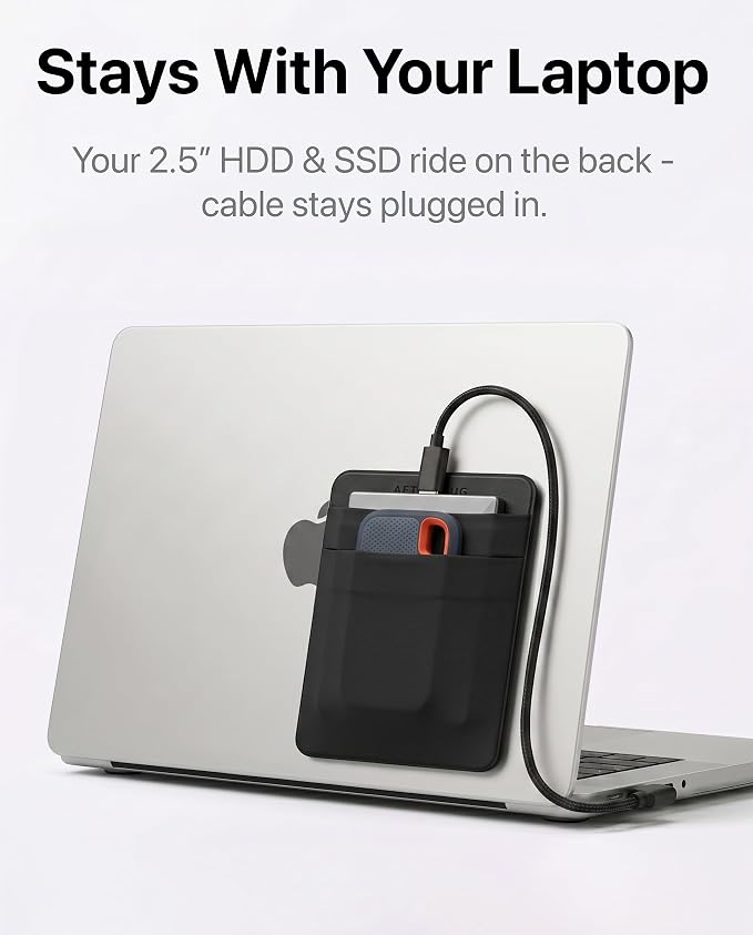 2-Pocket SSD & Hard Drive Holder for Laptop, Reusable 3M Adhesive | Stick-On Sleeve for 2.5-Inch External HDDs & SSDs | 5.9 x 4.7-Inch Pouch | Separate Pocket for Cables | Built-In Safety Strap - Image 3