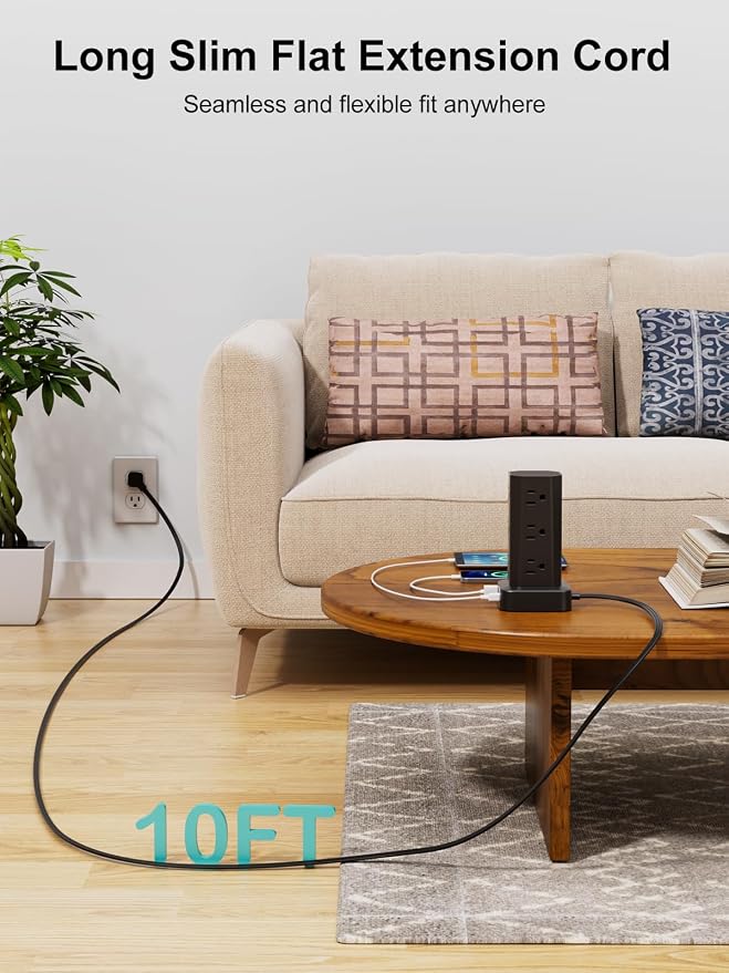 Power Strip Tower Surge Protector, 10FT Flat Plug Extension Cord with Multiple Outlets, 12 AC Outlets 4 USB (2 USB C), Desktop Surge Protection Tower for Home Office Dorm Room, Black - Image 5