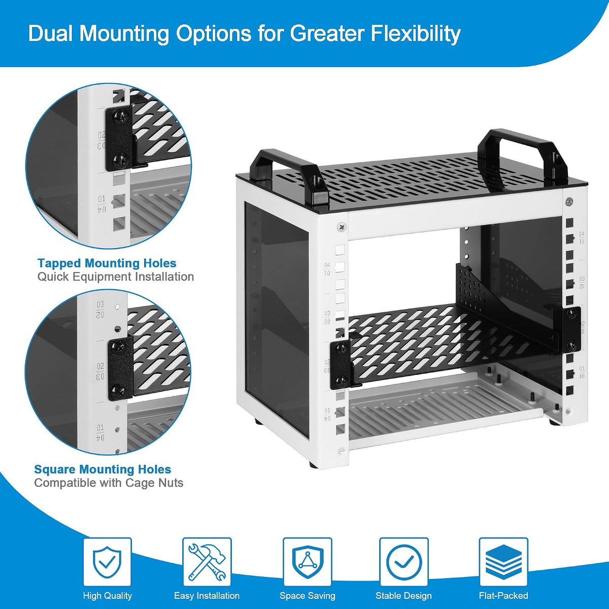 4U 10-Inch Mini Network Rack, White, 7.87" Deep Open Frame Rack with Acrylic Panels and Carry Handles, Includes 1x Vented Shelf and 1x Blank Panel - Image 5