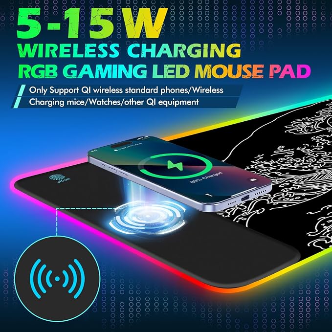 ToLuLu RGB Wireless Charging Gaming Mouse Pad, 7.5/10/15W 10 Light Modes LED Mouse Pad Computer Keyboard Mat Mousepad, 800x300x4MM Extended Large Desk Pad Mat, Japanese Kanagawa Sea Wave Black White - Image 2