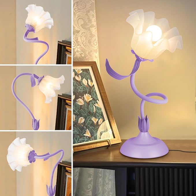 Women Bedside Table Lamps for Bedroom, Cute Flower Desk Lamp with Adjustable Flexible Gooseneck, 3 Color Temperatures Nightstand Lamp with E26 LED Bulbs, Floral Lamp for Living Room, Office,Reading - Image 3