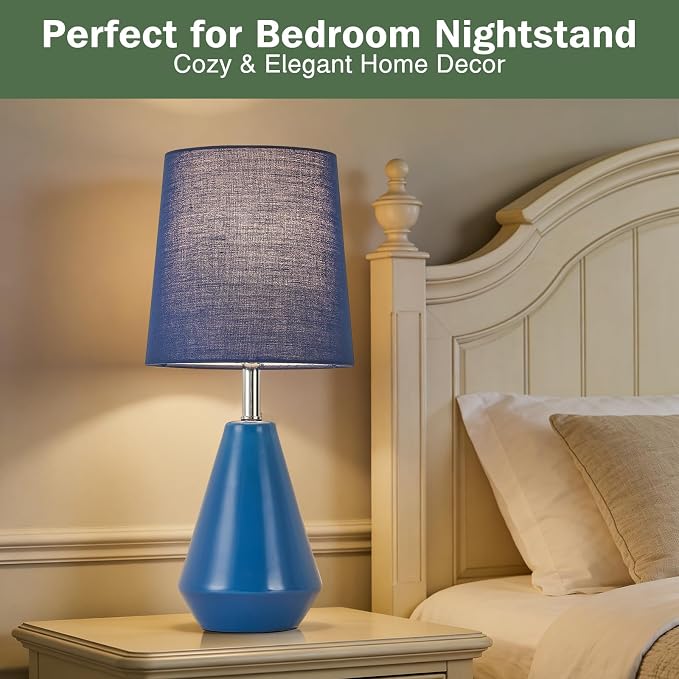 Small Bedside Table Lamp for Bedroom - Reading Desk Lamp with 3 Color Temperatures，15.5" Nightstand Ceramic Lamp with Fabric Shade for Kids Room,Living Room,Dorm,Home Office (Blue) - Image 3