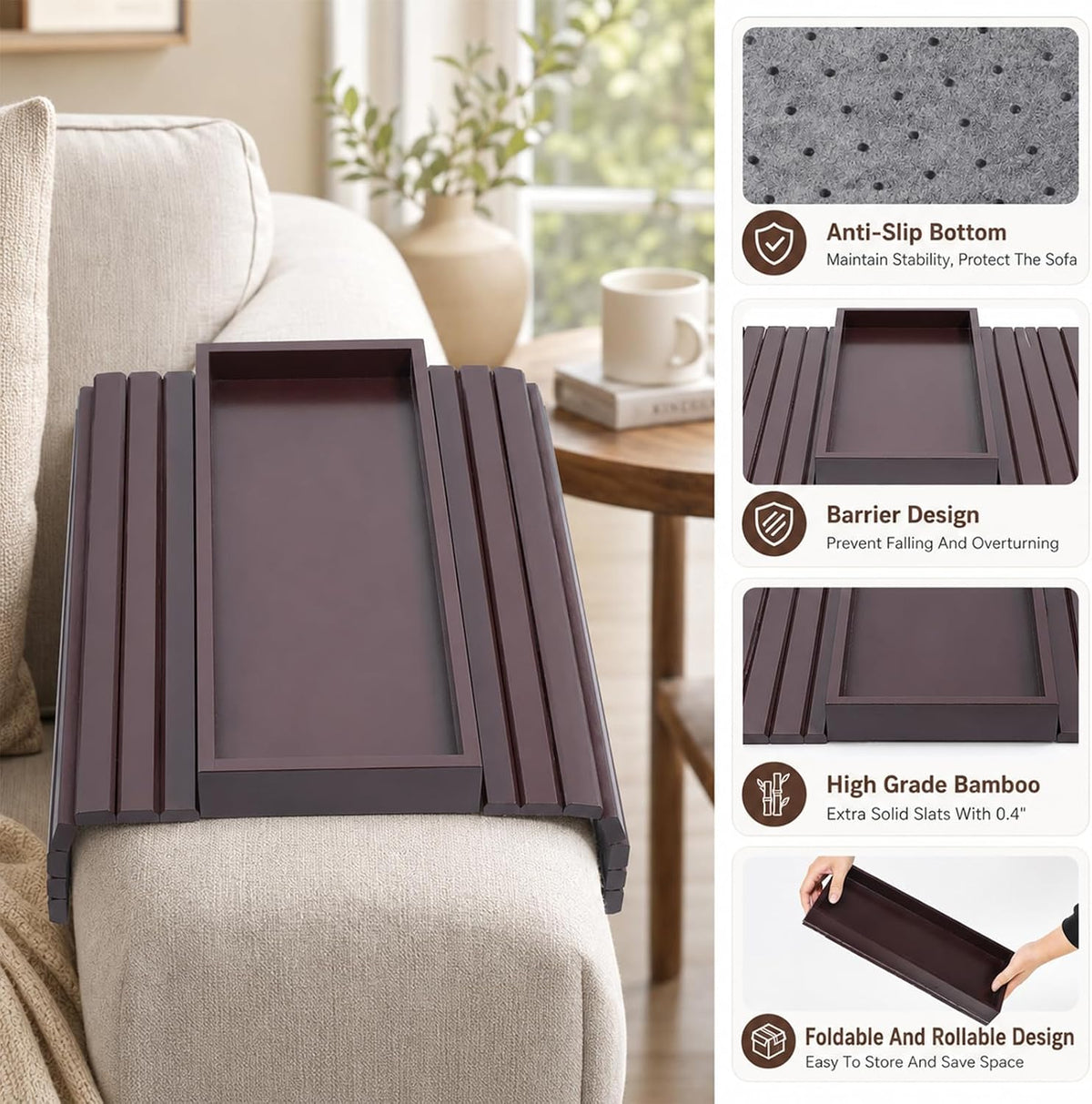 Sofa Arm Tray, Foldable Bamboo Couch Arm Tray - Image 5