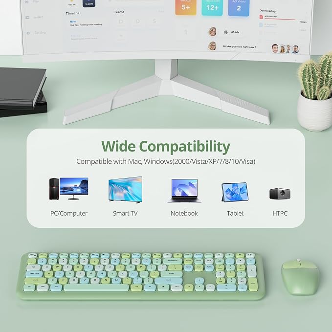 Surmen Cute Colorful Green Keyboard and Mouse Wireless Silent, Full-Size Retro Typewriter Wireless Quiet Slim Keyboard Low-Noise 2.4GHz for Computer, Desktop, Laptop(Sage Green) - Image 3