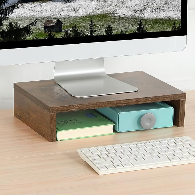 TEAMIX Wood Monitor Stand Riser for Desk - 14.2 inch, Small Laptop Stand | Rustic Brown, Holds 80 lbs, Wooden Computer Stand with Storage, Ergonomic Design, Easy Assembly, For Home Office, Gaming - Image 7
